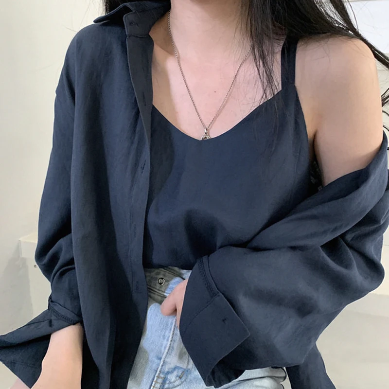 Retro Simple Pure Color Shirt And Strap Top Two-Piece Set Women's Fashion Casual Style Spring Autumn Winter Seasonal Wear
