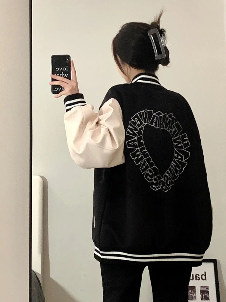 Jaquetas de Baseball Femininas em Rayon com Estampa de Leopardo para Outono e Inverno, Casaco Bomber Pesado com Forro de Lã e Mangas Longas