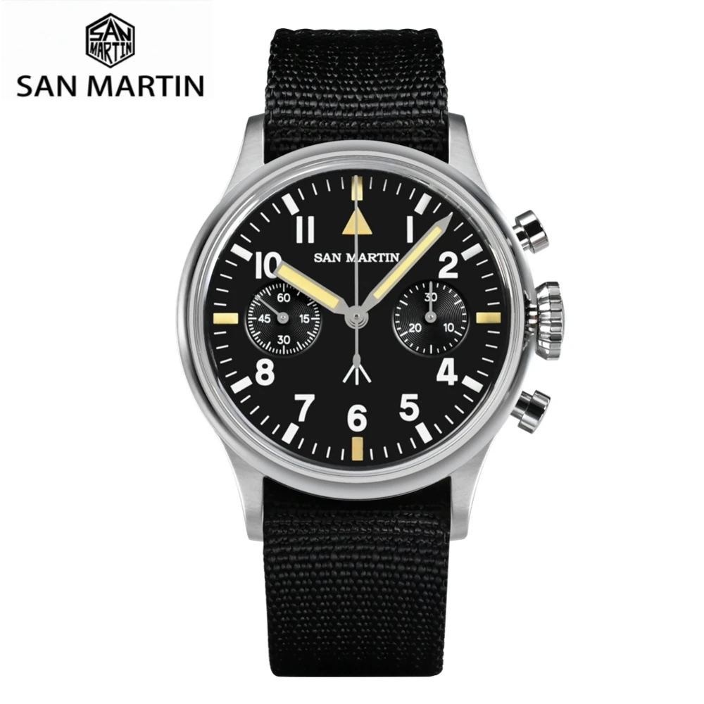 

San Martin 38.5mm Hand-Wind Chronograph Watch ST1901 Retro Pilot Wristwatch Sapphire BGW-X1 C3 Lume 10Bar Montre Homme SN0105JS