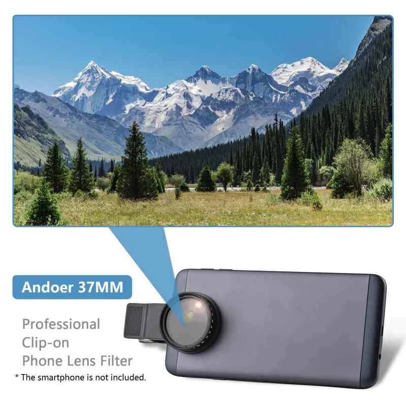 37MM Professional Clip-on Phone Filter Lens ND2-400 Adjustable Neutral Density Filter ND Filter with Phone Clip for Smartphone