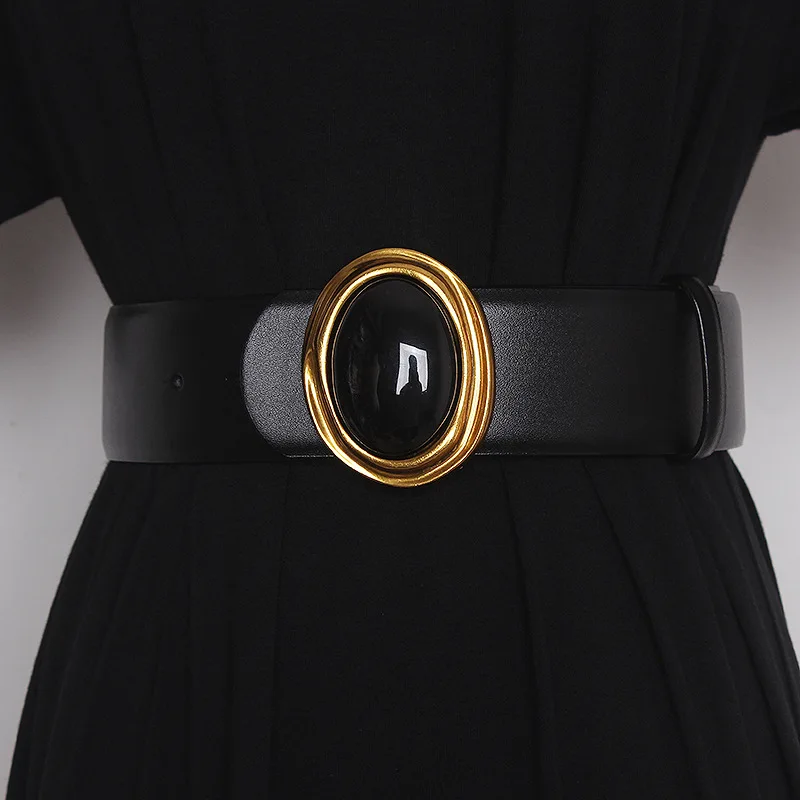 Obsidian Buckle Genuine Leather Belt Women Catwalk Dress Corset Belt High Quality Black Simple Decoration Wide Belt