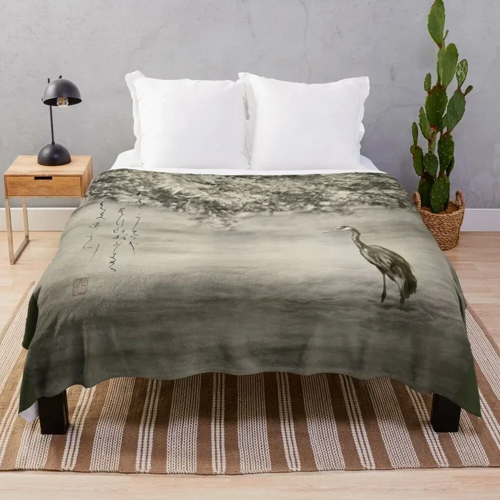 Pond and Heron Poetry Haiga - Haiku yuu kaze ya Throw Blanket For Decorative Sofa Warm anime Blankets