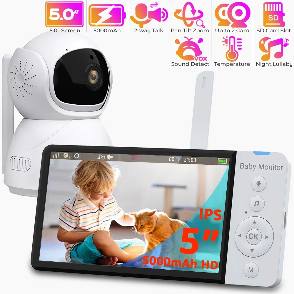 Monitor de vídeo para bebé con pantalla IPS de 5