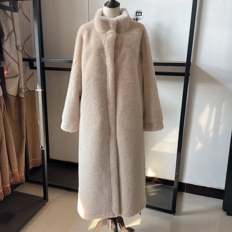 Hiver Long luxe élégant élégant épais chaud moelleux poilu doux fausse fourrure de vison manteau femmes col montant 2025