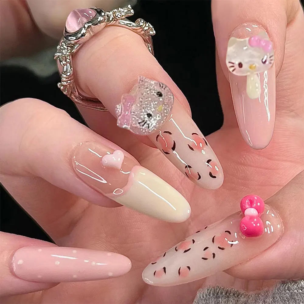 SANRIO 30pcs Hello Kitty Press-On Nails Set Medium Almond Pink French False Nails Leopard & Bow Accents for Daily Wear & Parties