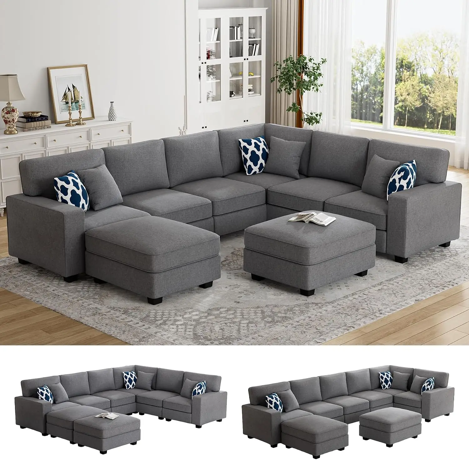 Oversized Modular Sectional Sofa U/L Shaped Reversible Ottoman Deep Seat Plush for Living Room 8 Seater, Customized