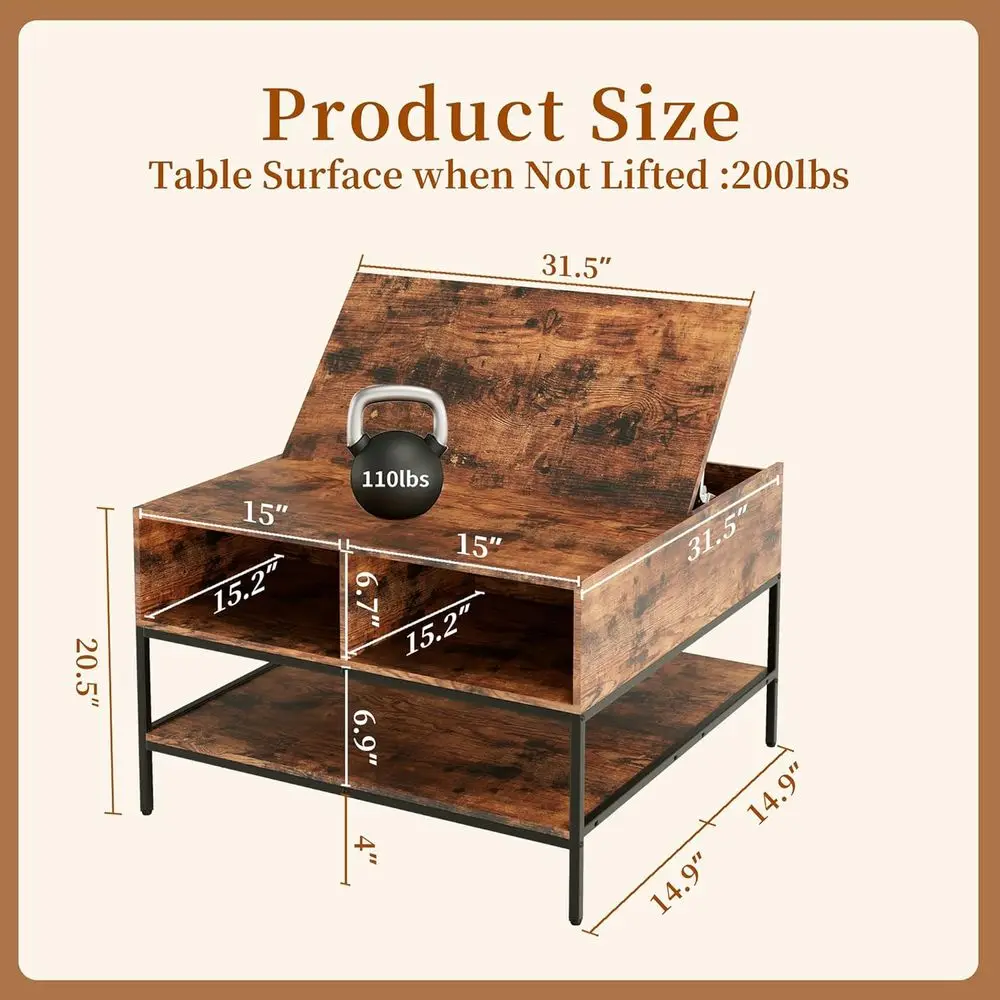 طاولة قهوة مربعة حديثة مع مساحة تخزين قابلة للطي وأرفف لغرفة المعيشة، تتطلب التجميع #2