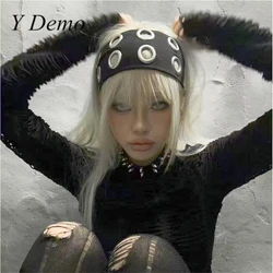 Y Demo Punk Grunge Hollowed Out Eyelets Wide Elastic Headband Grunge Stretchy Casual Hair Accessory
