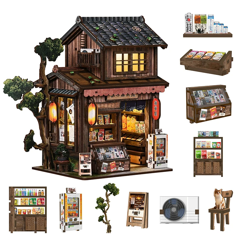 

Kasuga Grocery Store DIY Wooden Book Nook Figurines Miniature Kits Bookshelf Home Bookend Decoration For Adult Handmade Gifts