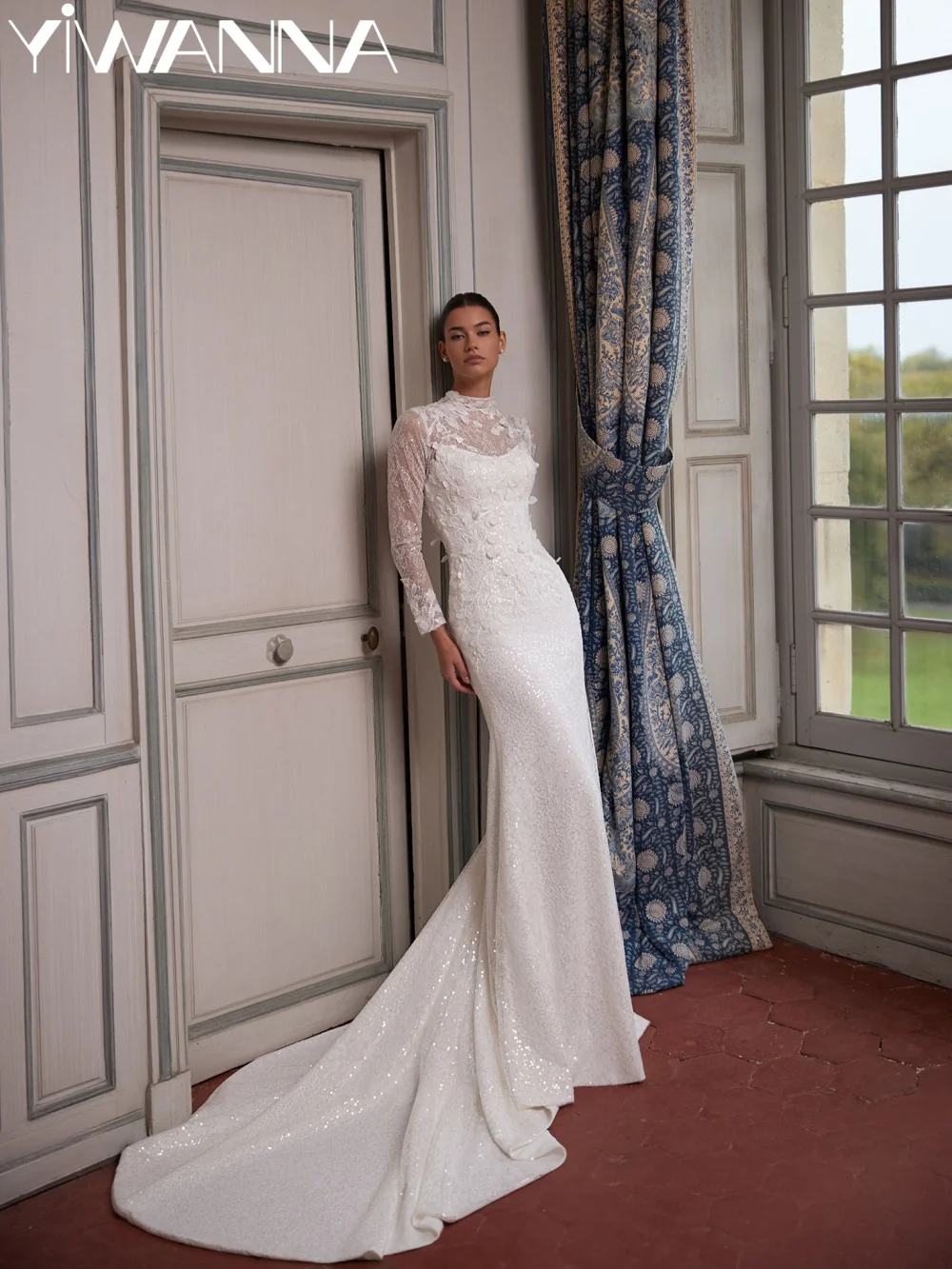 

Glamorous Beaded Long Sleeved Wedding Dress Modest High Collar Bridal Gown New Customized 3D Floral Mermaid Dresses For Bride