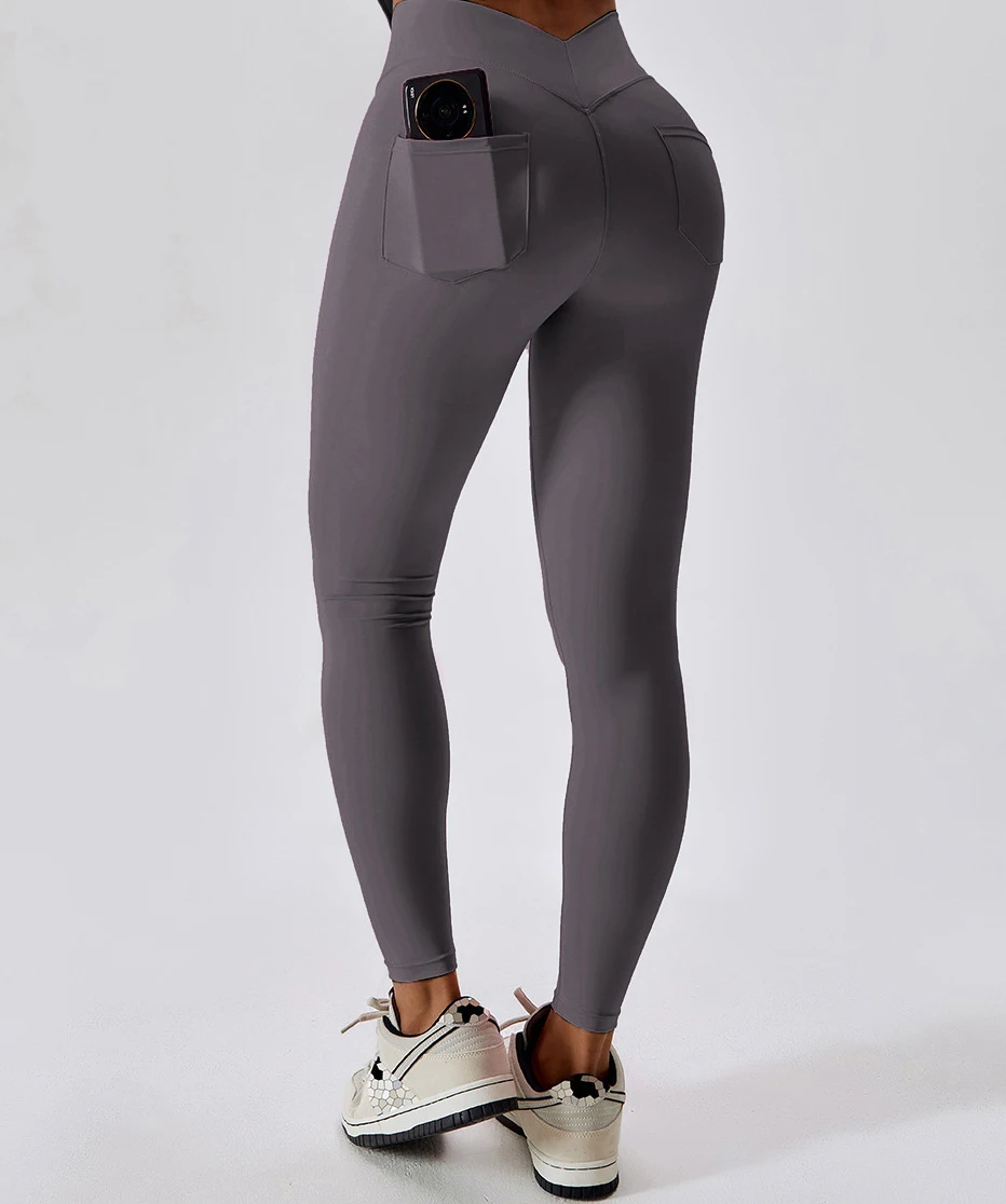 V-waist elastic sports leggings, women's peach hip lifting running, quick drying yoga pocket pants
