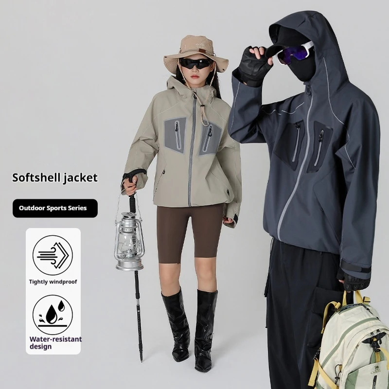 Outdoor Hard Shell Jacket Windproof Waterproof Solid Color Camping Fishing Hiking Sports Versatile Casual Men Women Rain Coat