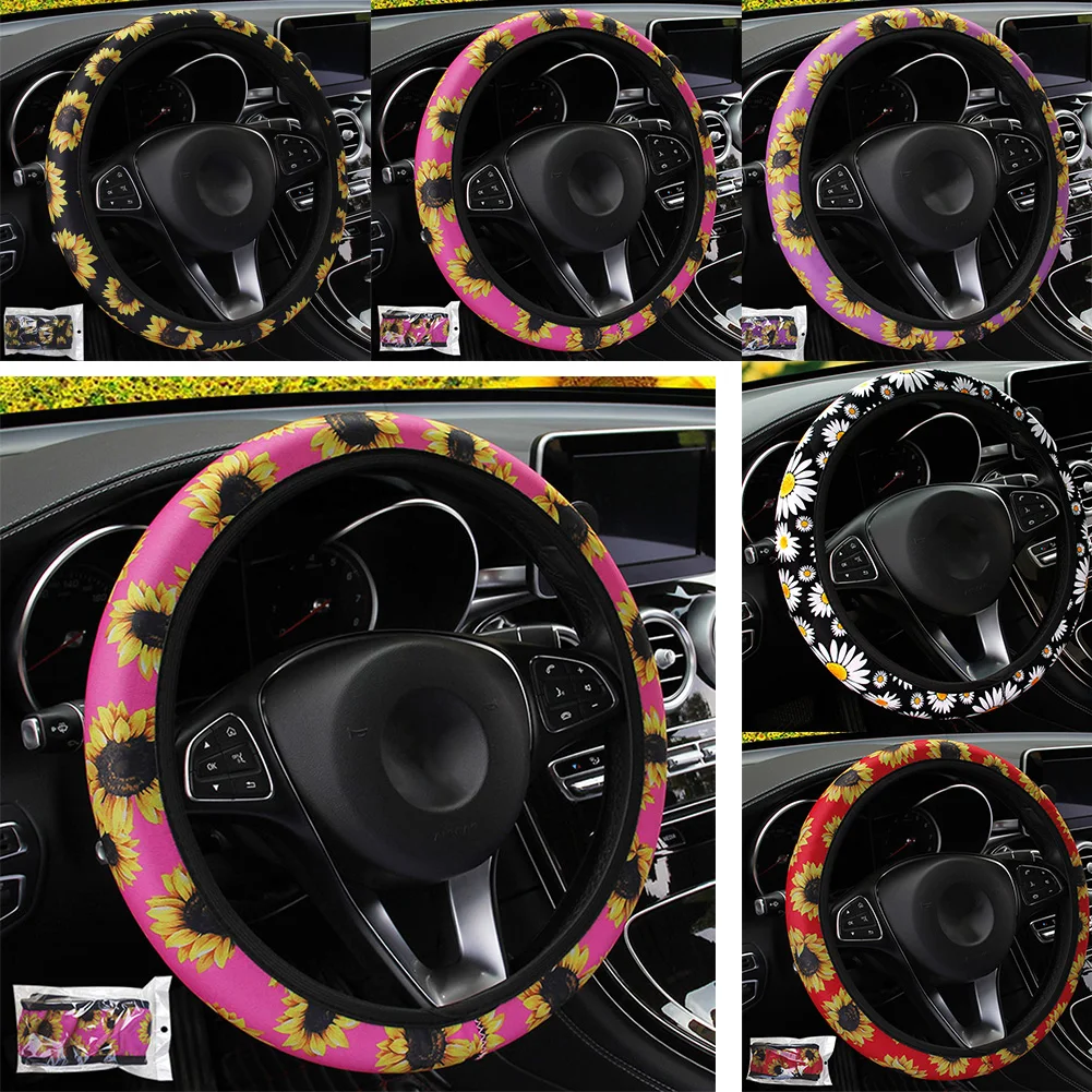 

Sunflower Flower Car Steering Wheel Cover Non Slip Stretch-on Fabric Practical Auto Accessories Tools