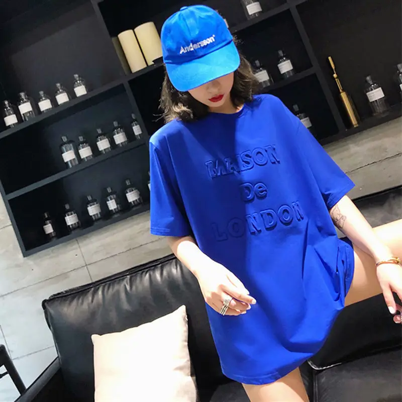 

Fashion All-match Blue T Shirts Short Sleeve O-neck Loose Solid Youth Trend Print Tops Casual Vintage Women Clothing Summer New