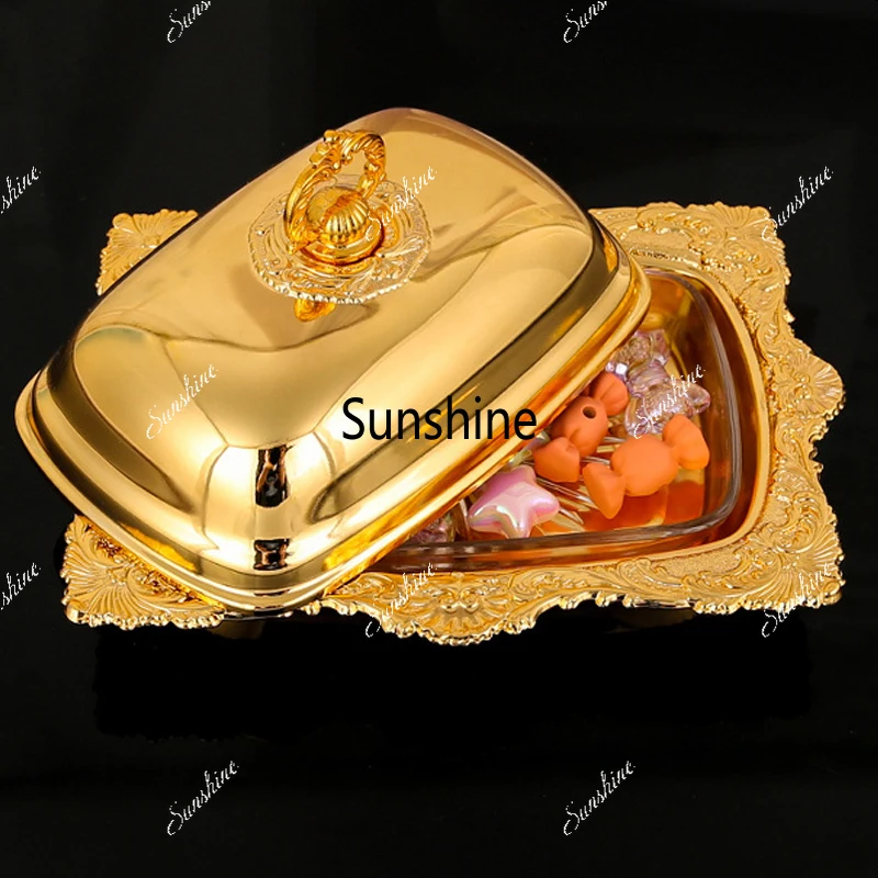 

European-Style Rectangular Cake Tray with Lid Vintage Metal Fruits Serving Tray Decorative Candy Snacks Dish for Candy Party