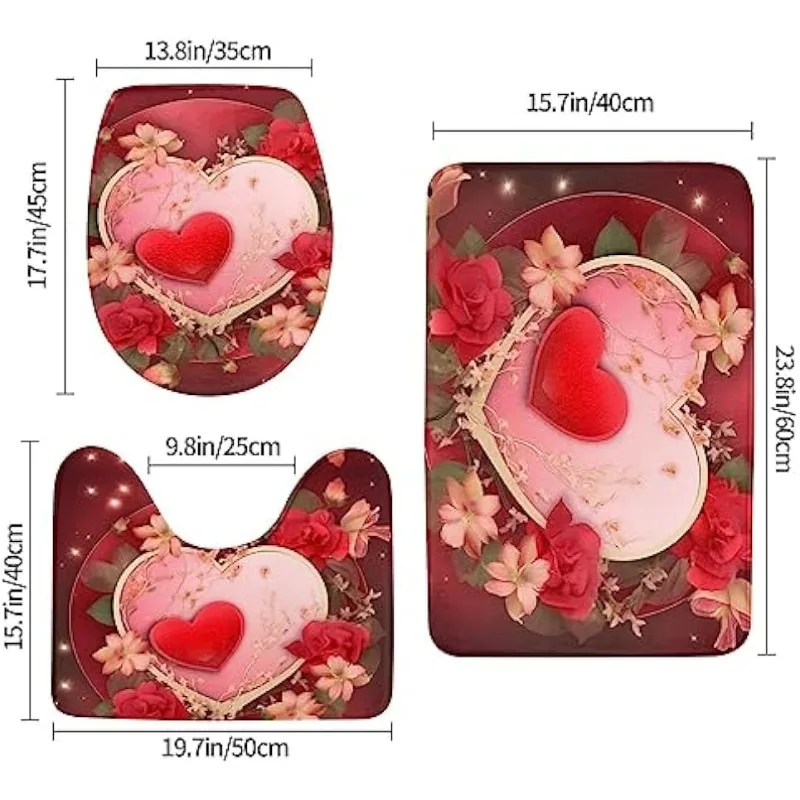 Love Hearts Valentine\'s Day Flowers Florals Bath Rugs 3 Piece Set Bathroom Mat+U-Shaped Toilet Pedestal Rug+Toilet Lid Cover