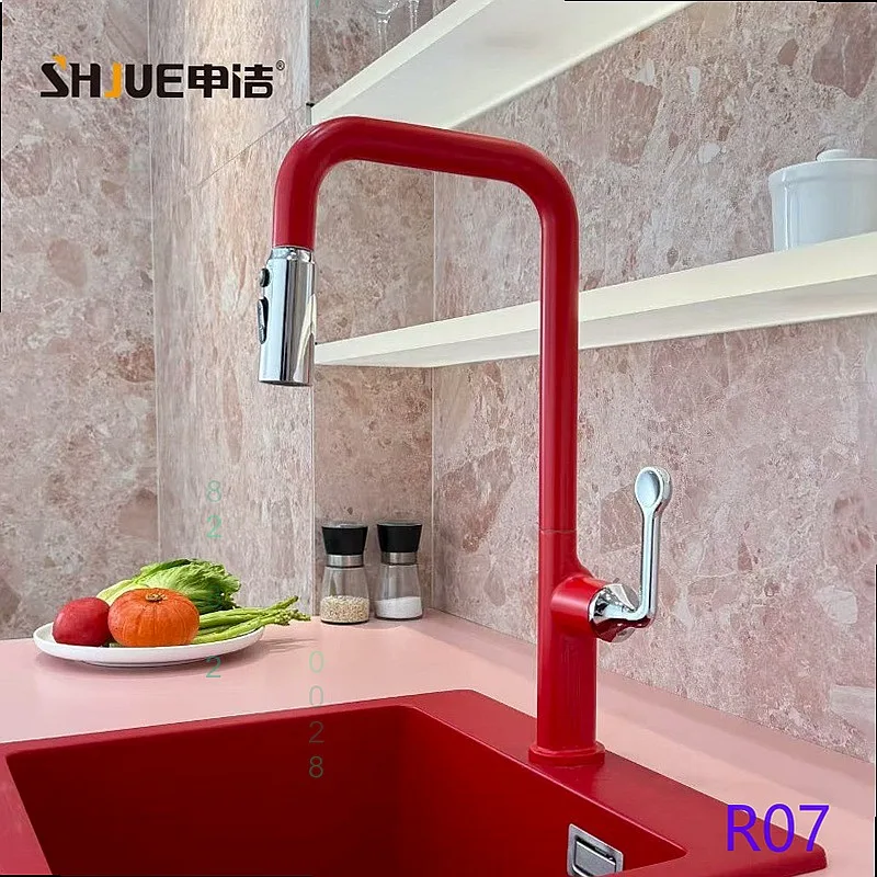 High‑End Red High‑Arc Pull‑Out Retractable Kitchen Faucet, Hot & Cold Water Mixer Tap for Home Kitchen Use