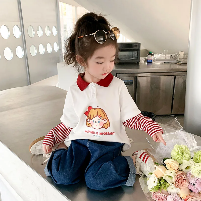 

Kids T-shirt For Girls；Pure Cotton Polo-neckside Cute Cartoon Fashion T-shirt Korean Style Girls T-shirt Autumn Girl Clothes