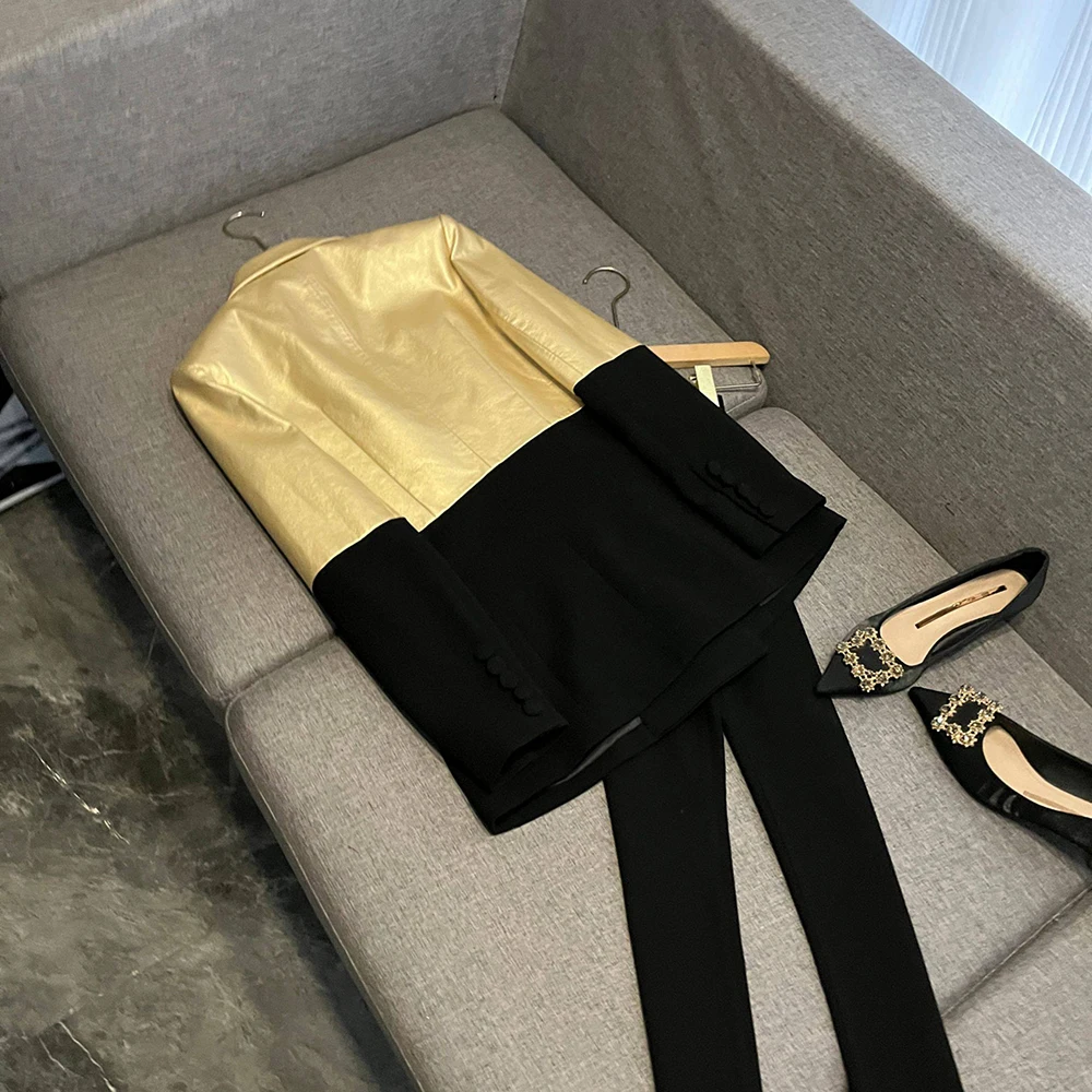 TWOTWINSTYLE Hit Color Slimming Temperament Jackets For Women Lapel Long Sleeve Autumn Dinner Blazers Female Fahsion KJA552502