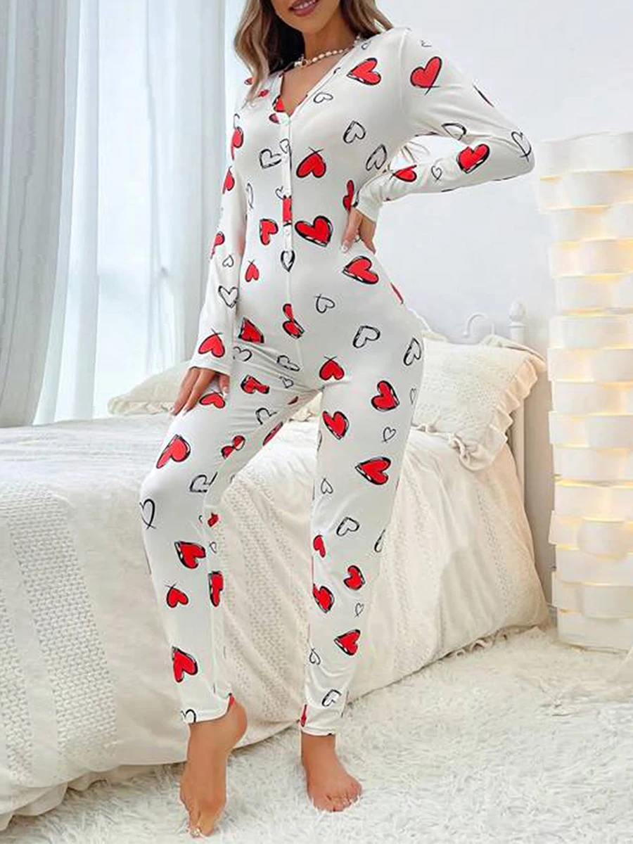 Frauen Valentinstag Herz druck Lounge wear Overall Langarm V-Ausschnitt Front knopf Bodycon Pyjama