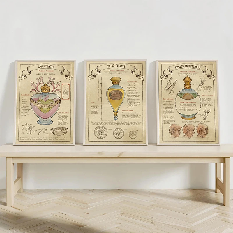 3 pièces Harry Potter Potions Art imprime Potions Fuling Potions enchanteresses affiches rétro Poudlard toile peinture enfants chambre décor