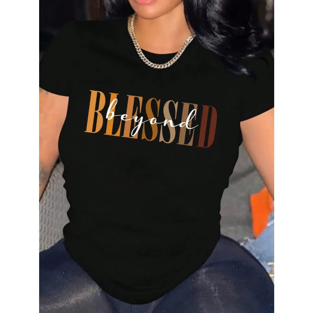 Blessed Beyond Letter Print T-Shirt Women Inspirational Quotes Graphic Tee Summer Short Sleeve Fashion Casual Female Male Tops