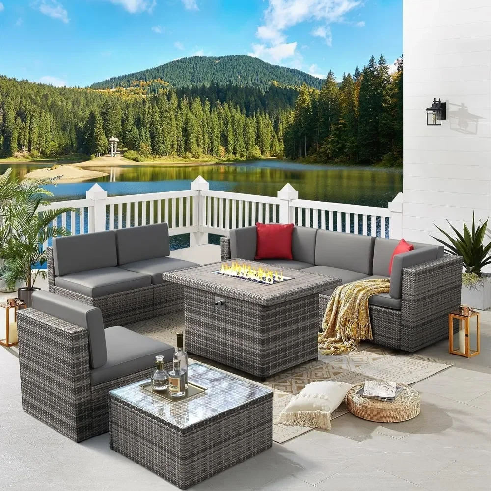 

8-Piece Patio Furniture Set with 40” Fire Pit Table Wicker Outdoor Sectional Sofa Tempered Glass Coffee Table Garden