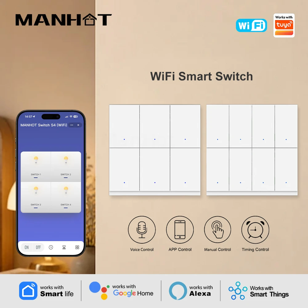 MANHOT 6/8Gang WiFi/Zigbee Smart Switch Neutral Wire Required Push Button Light Switch Work With Tuya Alexa Google Home