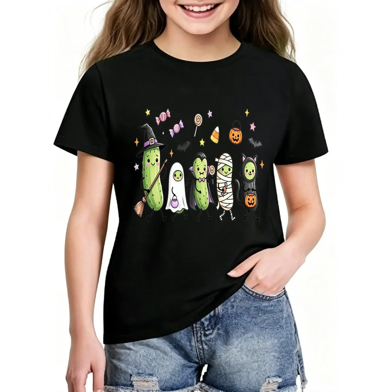 Halloween Pickle Friends Doodles And Crew Neck Short Sleeve Comfortable Gentle Skin Friendly Breathable Tee Versatile Festival Outfit Selection Wonderful Dressing Choice for Girls Back to School Sports Halloween Thanksgiving