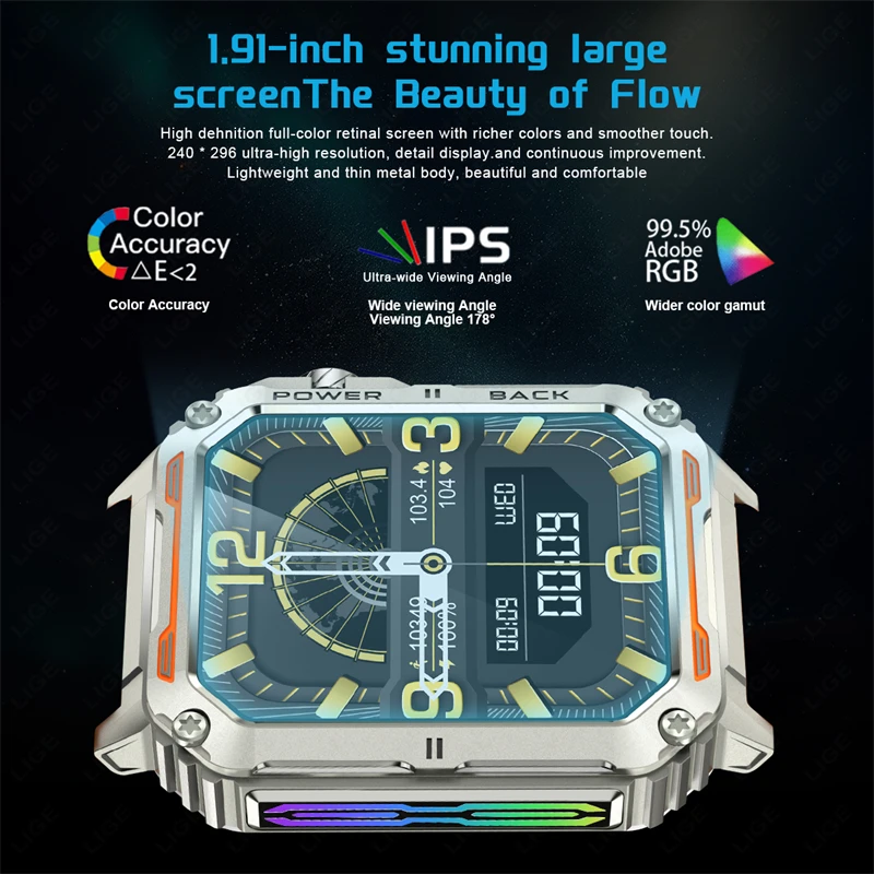 2024 Colorful Breathing Light Smartwatch Men Bluetooth Calling Multifunctional 8 Lighting Effect Health testing Women Smartwatch