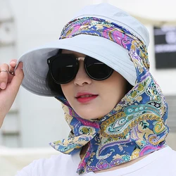 Women Anti-UV Sun Hat Beach Foldable Sunscreen Floral Print Caps Neck Face Care Wide Brim Hat New Summer Outdoor Riding