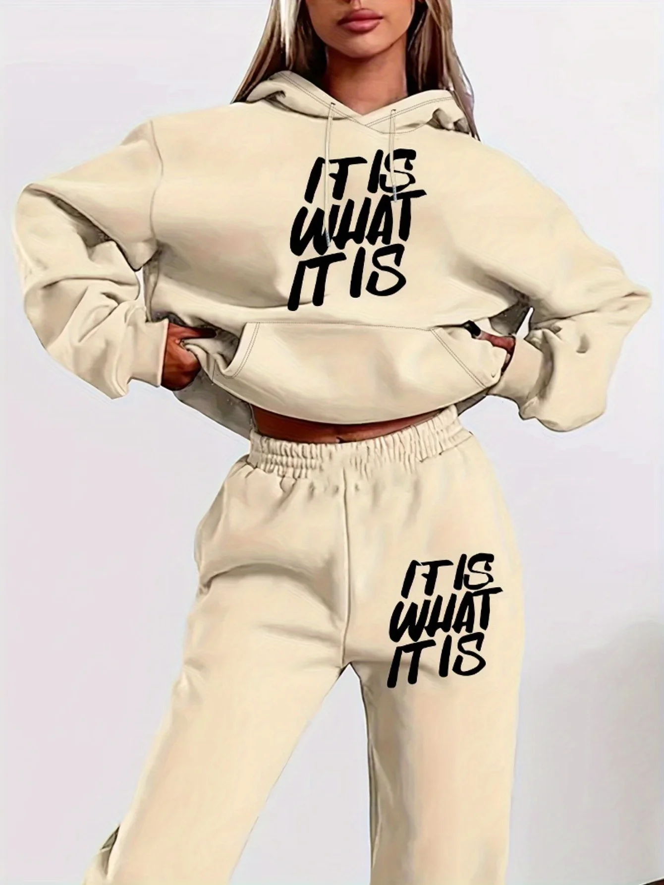 Women Simple Letter Print 2Pcs Hoodie Tracksuit, Autumn Long Sleeve Hooded Sweatshirt & Sweatpants Set, Ladies Casual Sport
