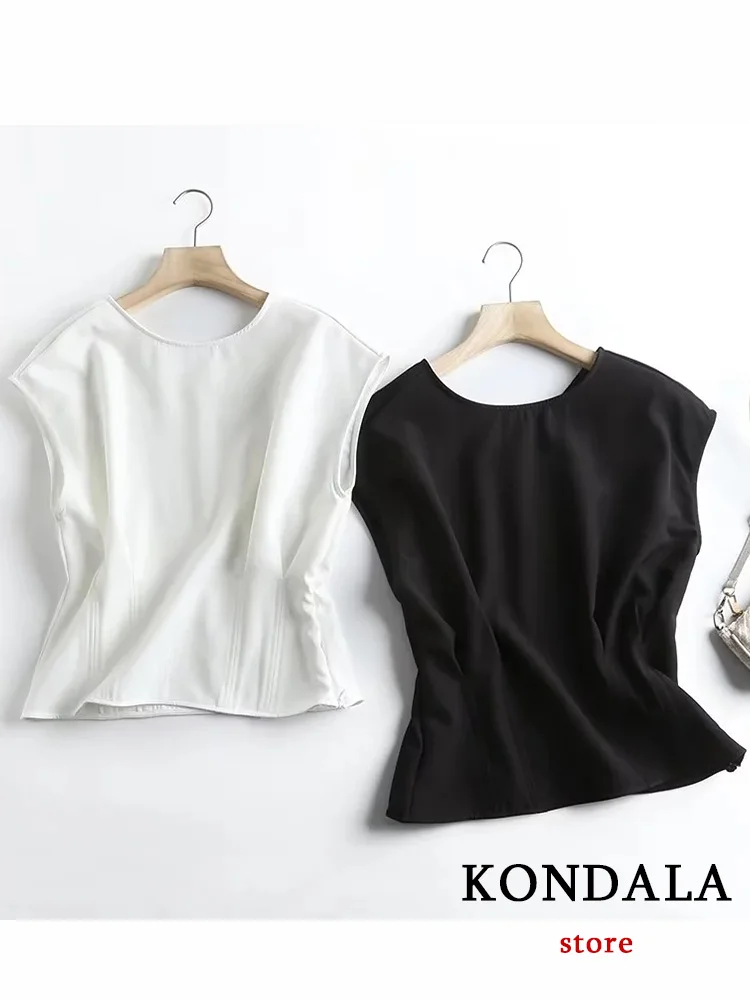 KONDALA Casual Solid Slim Women Blouses Fashion 2023 Short Sleeve O Neck Women Shirts Office Lady Side Zipper Summer Blouses Top