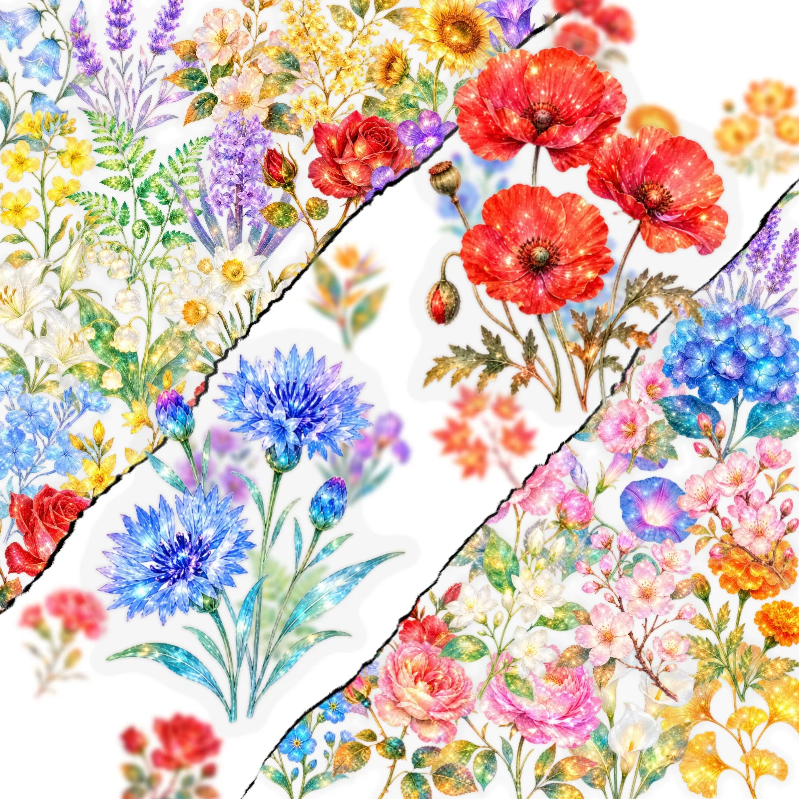 50 Pcs Colorful Floral Stickers Summer Dream Transparent PET Waterproof Decals for Journal Laptop Phone Case Luggage Gift