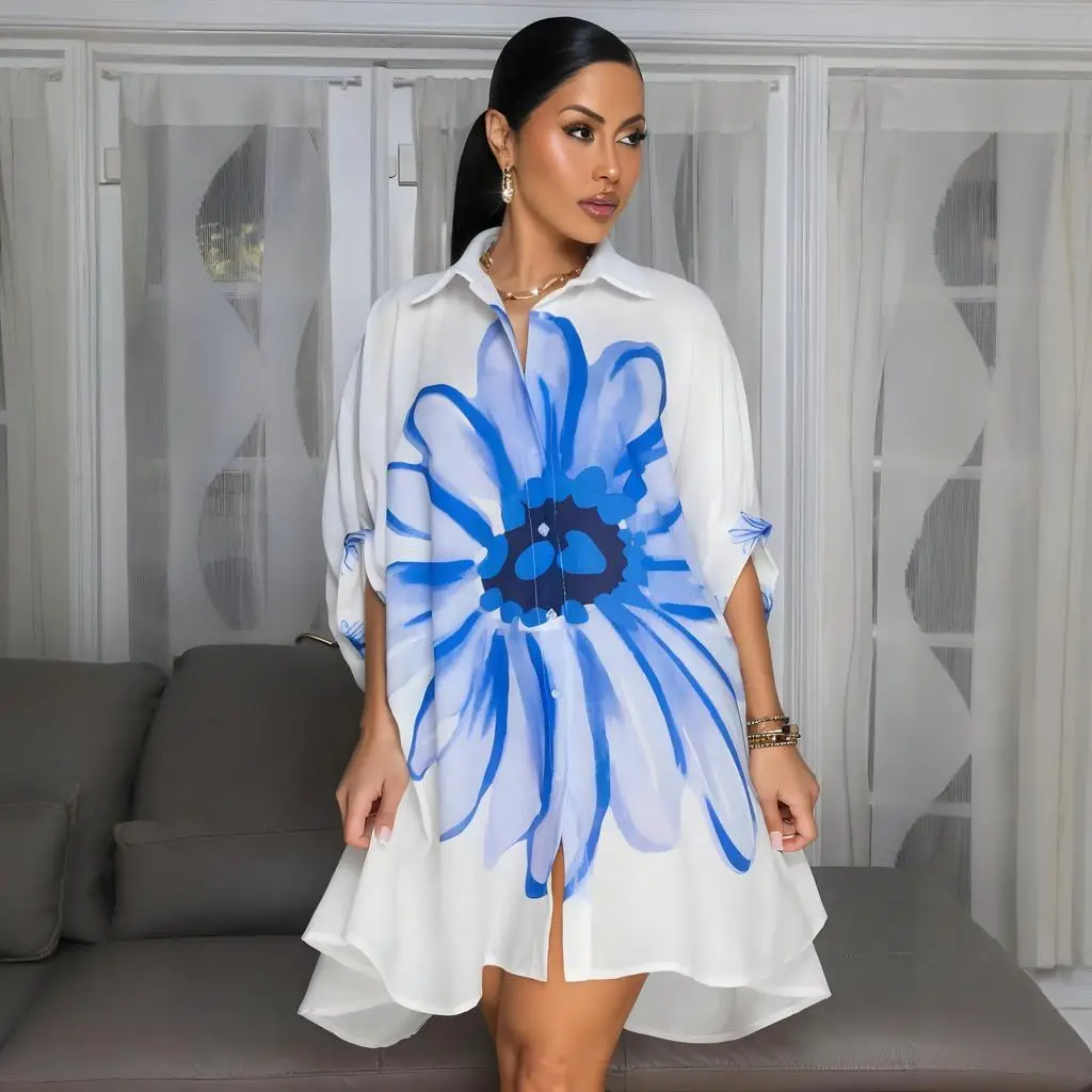 Women's Printed Shirt Dress Open Front Cardigan Style Turn Down Collar Midi Dress Elegant Casual Floral