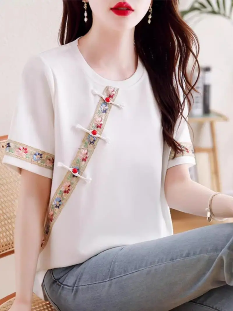 New Fat MM di Grandi Dimensioni Ricamato Stile Cinese 300 Catties Allentato Sottile Temperamento Plaid Pulsante Versatile Top a maniche corte da Donna