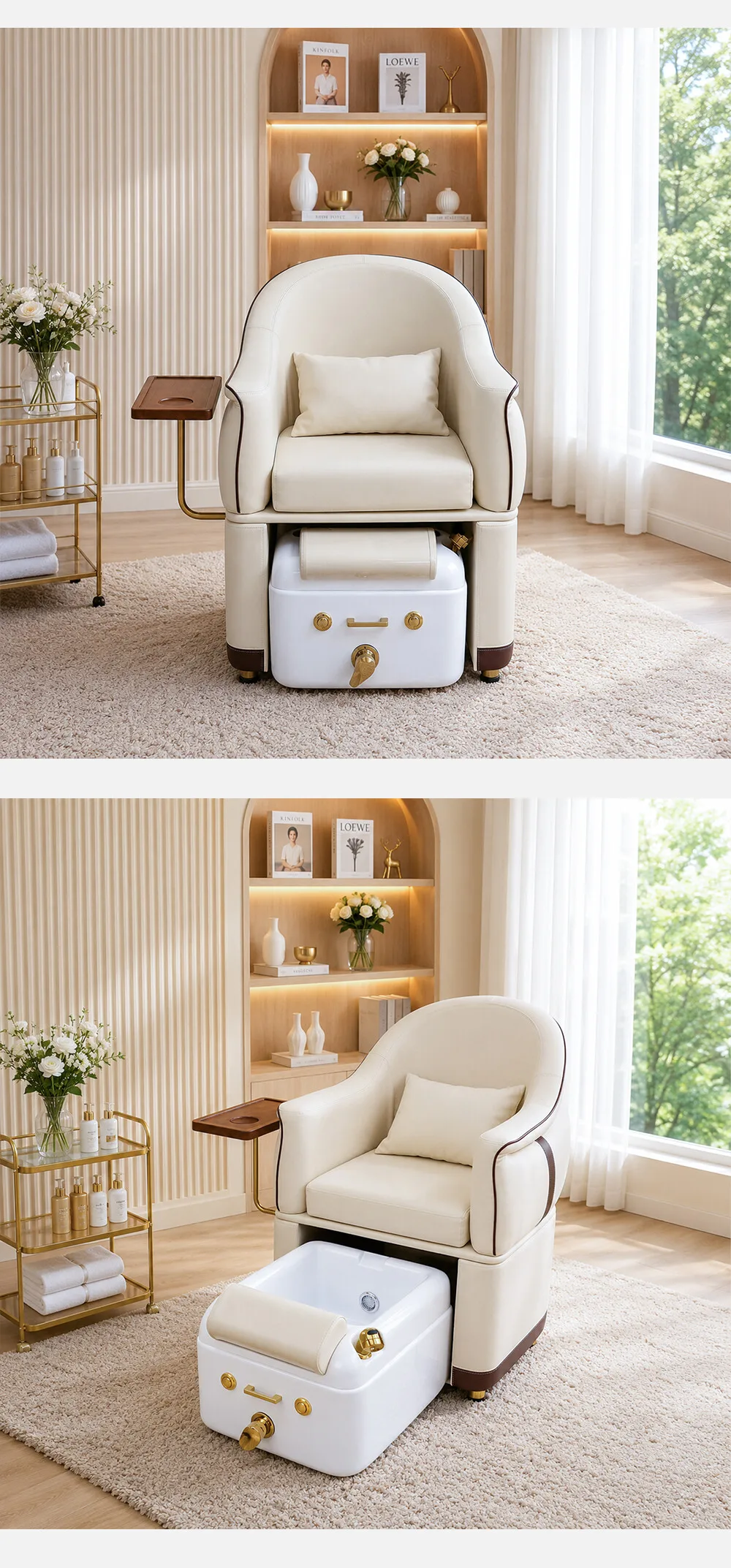 Großhandel Luxus-Pedikürestuhl mit ausziehbarem Fußbadbecken, Nagelstudio-Maniküre-Fuß-Spa-Stuhl, Beige Leder-Salonmöbel – Detail 11