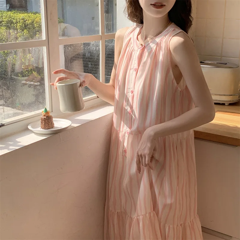 New Buttons Pink Sweet Stripe Princess Sleeveless Sling Summer NightDress Women Soft Loose Wear Out Elegant Casual Sleepwear Ins