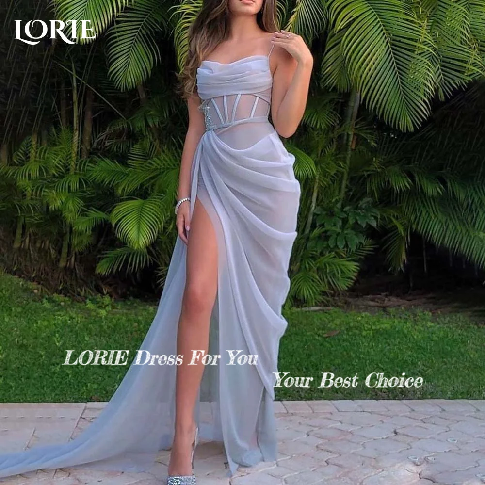 LORIE vestido de noche Formal de tul con tirantes finos, elegante vestido de fiesta de graduación, Vestidos de Noche de sirena con ilusión de abertura alta