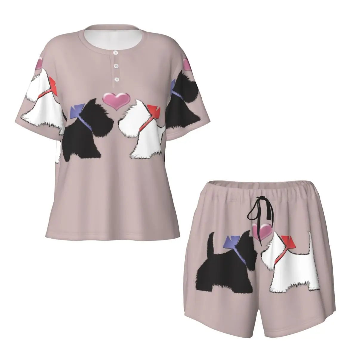 Camisón de manga corta con cuello redondo y estampado de perros Westie y Scotty, camisón para dormir, conjunto de pijama suave para mujer, pantalones cortos