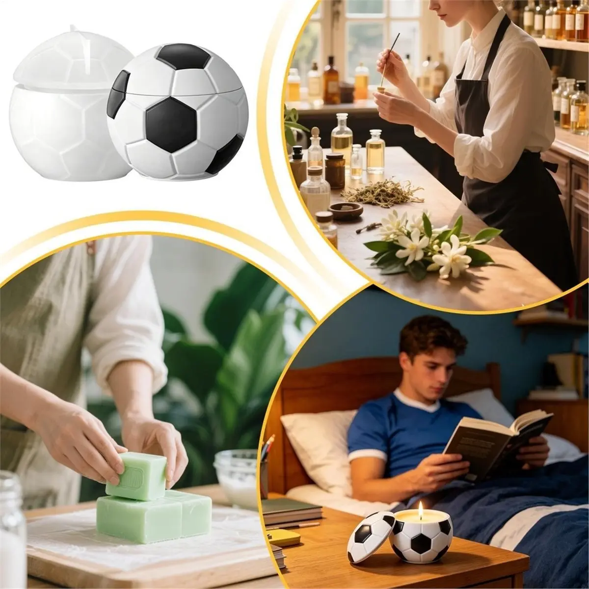 A1324K Soccer Candle Mold 3D Sports Theme Container Template with Lid Candlestick Holder Mold for Plaster Concrete Soap DIY Box