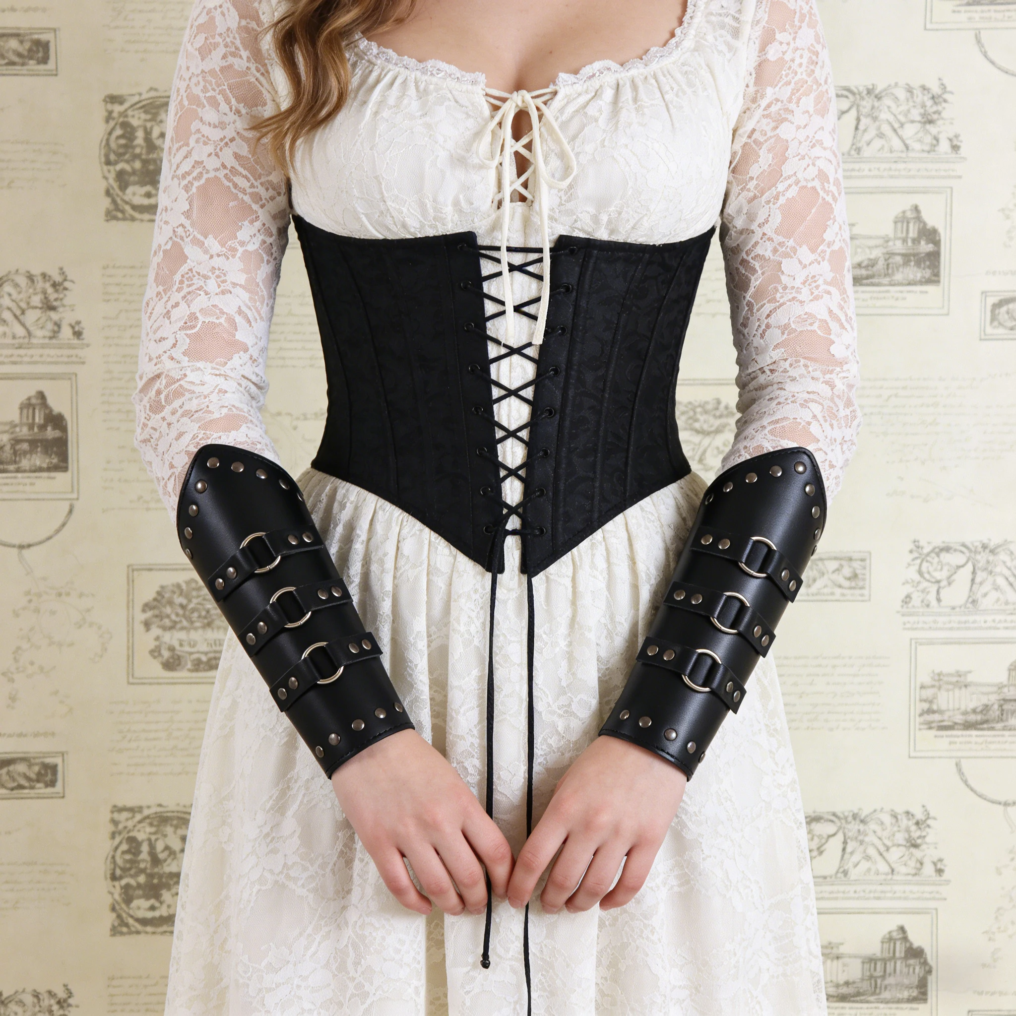 Renaissance-Ritter Schwarze PU-Leder-Handschuhe, Wikinger-Krieger Leder-Handgelenkschützer, Retro-Accessoires für Renaissance-Bühnenkostüme