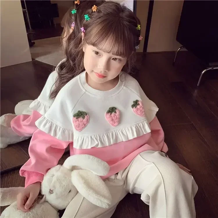 New Spring Autumn  3D Fruits Ruffles Sweaters Kids Clothing Korea Girls Baby Birthday Princess Sweatshirts Children Tops Clothes