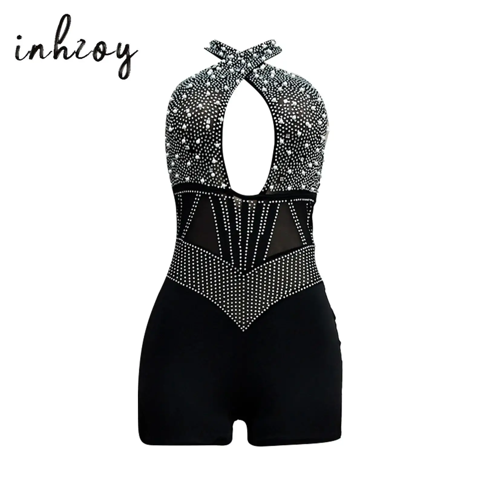 بدلة رقص نسائية للجمباز والتزلج على الجليد بدلة قفز لامعة مرصعة بأحجار الراين معبر رسن مجوف من الخلف مفتوحة بويشورت بدلة للنادي #1