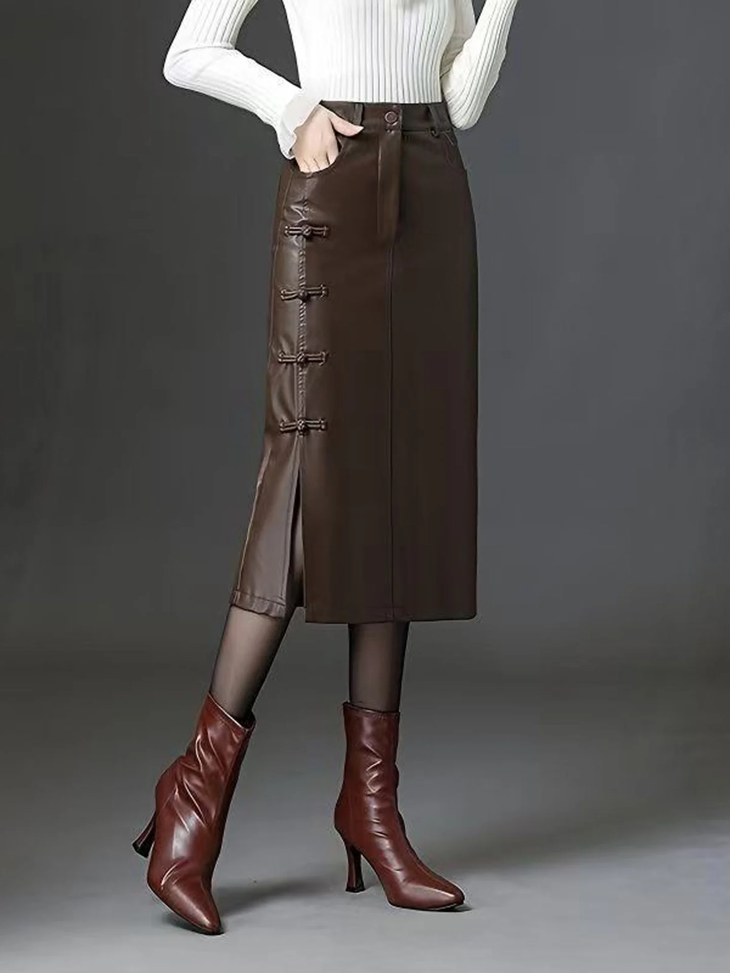 Elegant High Waist PU Leather Skirt with Button Detail Straight Cut Slimming Midi Skirt for Women Autumn New Style Side Split