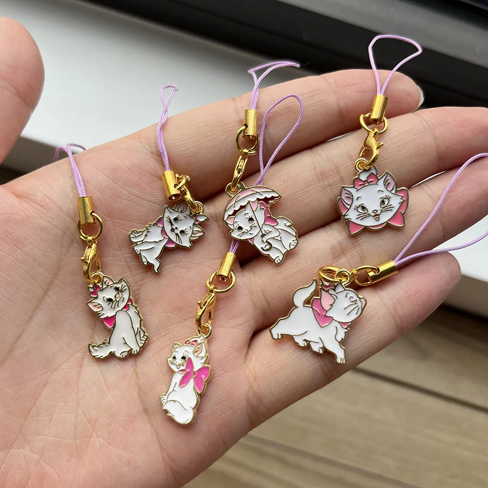 6 uds Disney Marie Cat cadena de teléfono dijes llaveros de moda cordón para llaves correa accesorio móvil