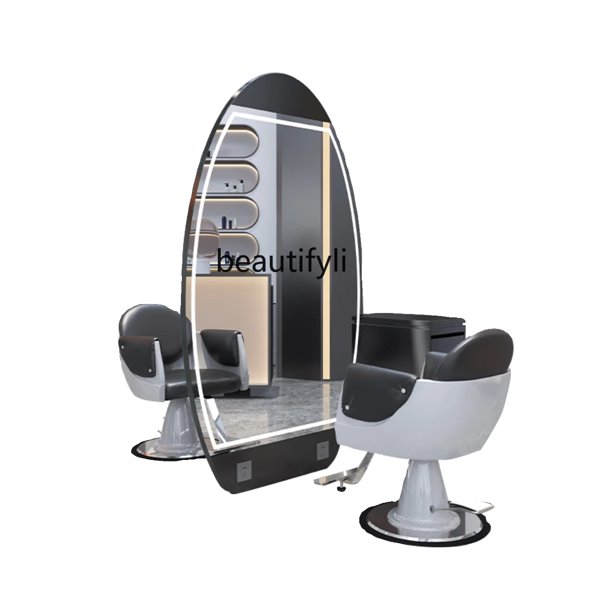 

Barber Shop Hair Salon Hair Mirror Stainless Steel with Light Floor Hair Cutting Salon Dressing Table