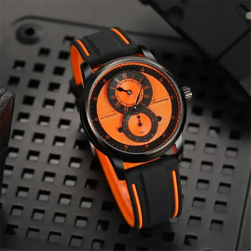 FORSINING 366 Luxury Skeleton Automatic Mechanical Movement Watches For Men Silicone Strap 6 Colors Watch Clock Mechanism