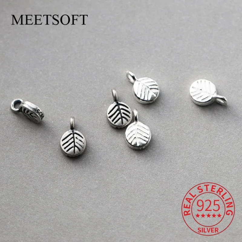 

925 Sterling Silver Geometric Vintage Leaf Lines Pendant DIY Bracelet Necklace Handmade Woven Rope Material Accessory