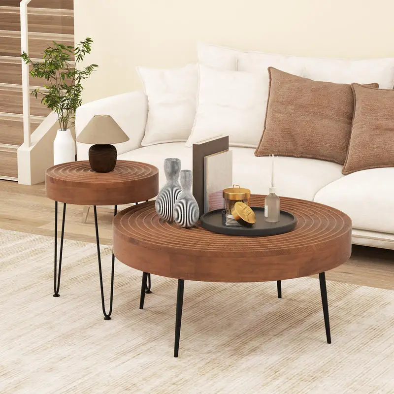 

Set of 2 Solid Wood Ring Pattern Farmhouse Round Coffee Tables-Brown